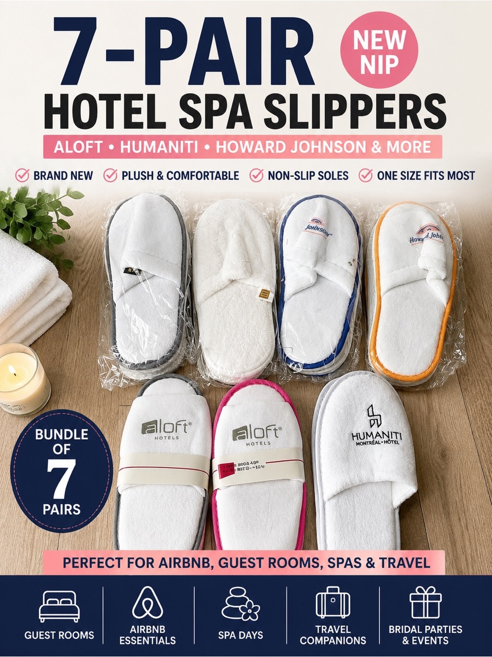 NEW 7-Pair Hotel Spa Slippers Bundle | Aloft, Humaniti, Guest Slippers